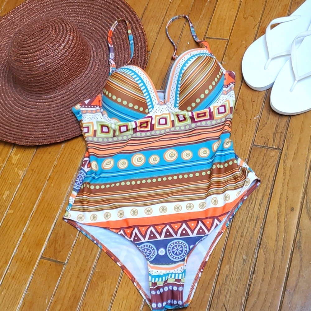 Shein Geo Print Underwire One Piece Swimsuit Size L